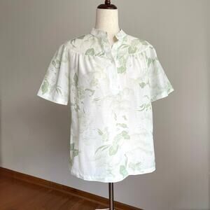 VTG 70s Devon Floral Blouse Top L Union Made Green White Cottage Secretary Prep